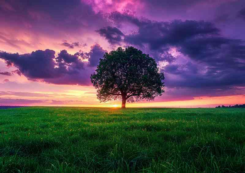 A Signle Tree and green fiels with purple skys | Metal Poster