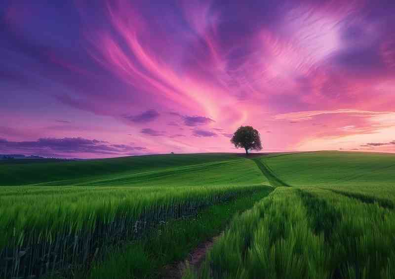 The wide green field with a single tree | Metal Poster