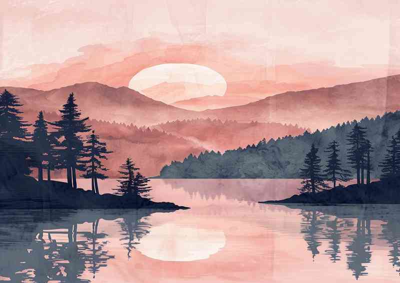 A beautiful digital illustration of the silhouette lake | Canvas
