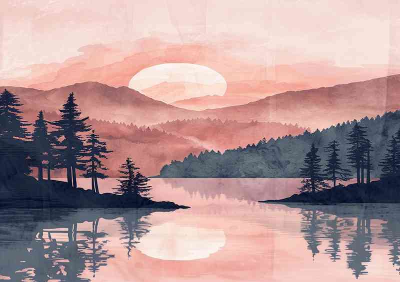 A beautiful digital illustration of the silhouette lake | Metal Poster