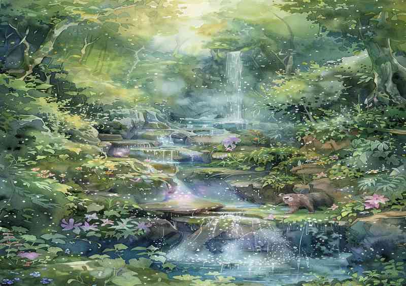 A whimsical watercolor enchanted waterfall | Poster