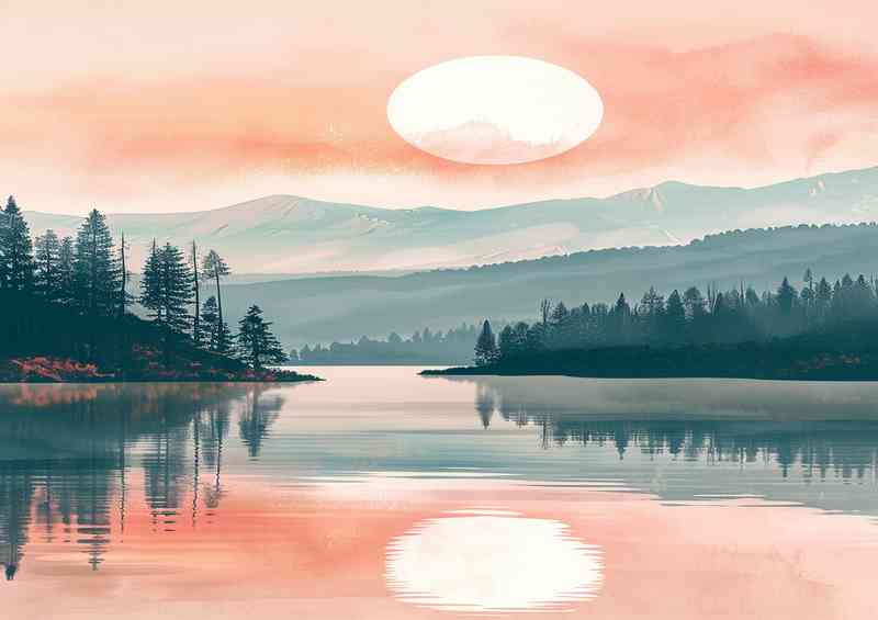 The sun setting in the valley and lake | Poster