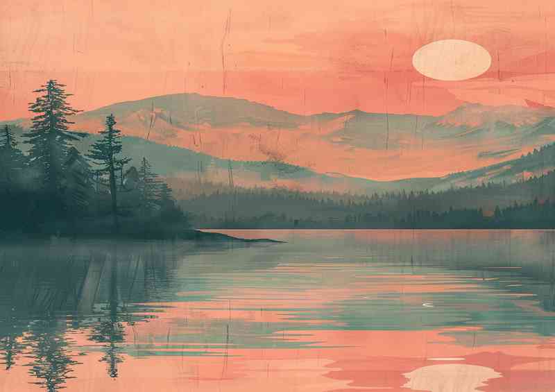 Watercolour mountains by the lake and setting sun | Canvas