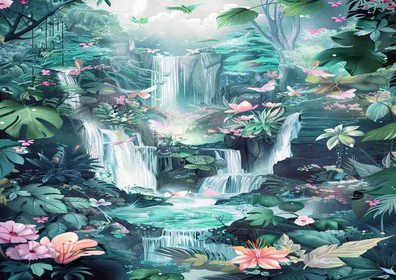 Whimsical watercolor butterflies and waterfalls | Poster