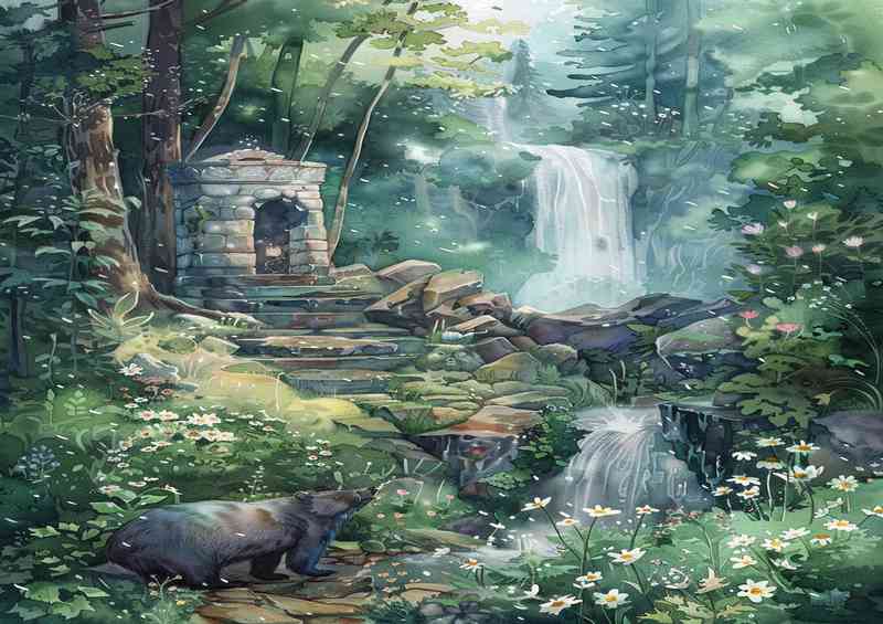 Whimsical watercolor of the bear and the waterfall | Metal Poster