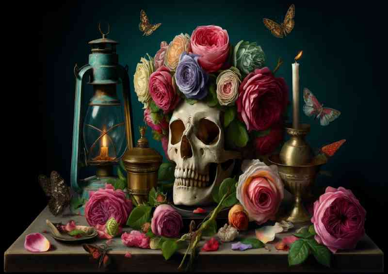 Skull crowned with a garland of lush vibrant roses | Poster