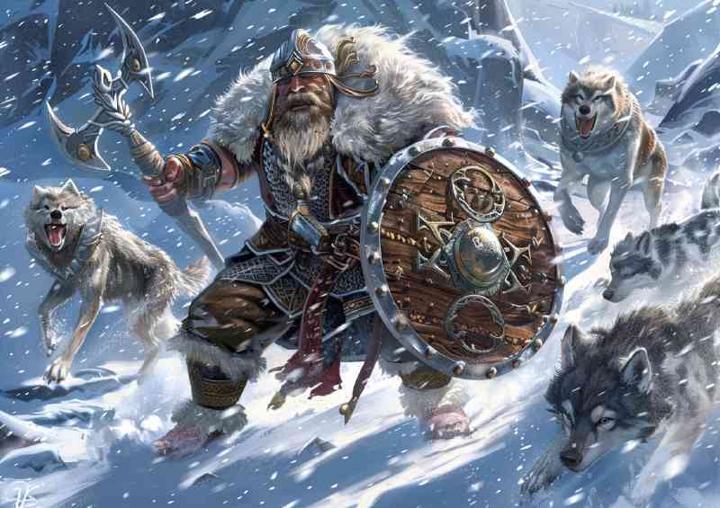 Norse Dwarf with a sword and pack of Wolfs | Di-Bond