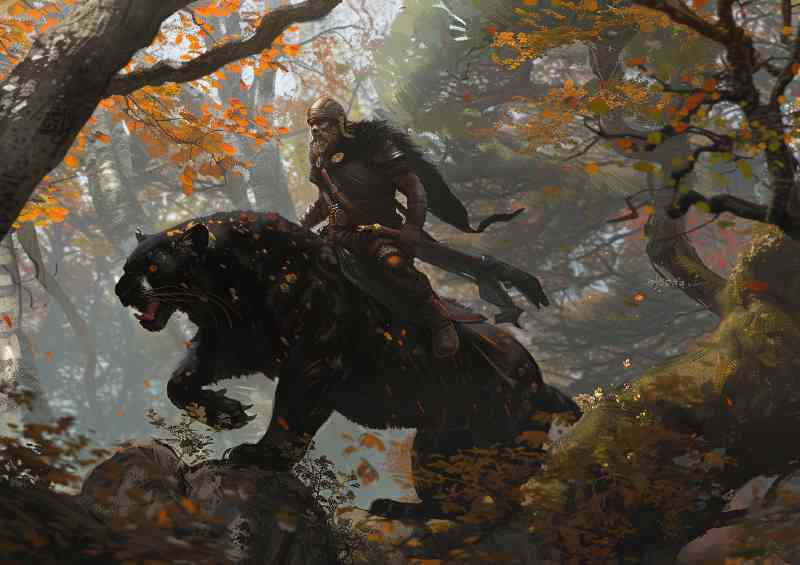 Viking Riding the Black Panther through the forest | Di-Bond