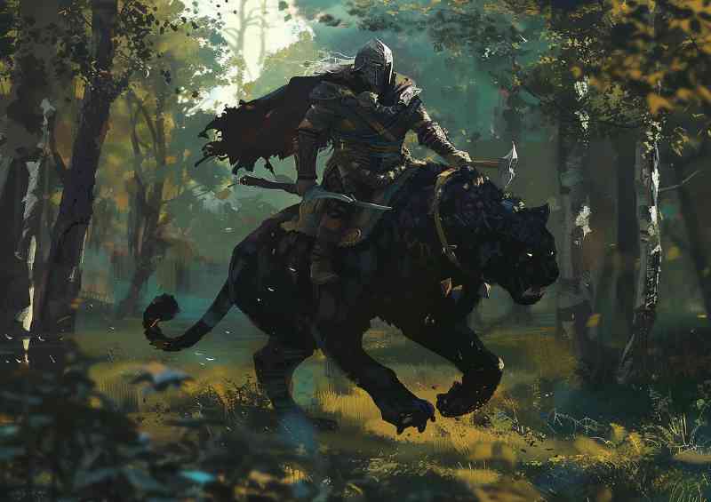 Viking riding of a black Panther in a forest | Poster