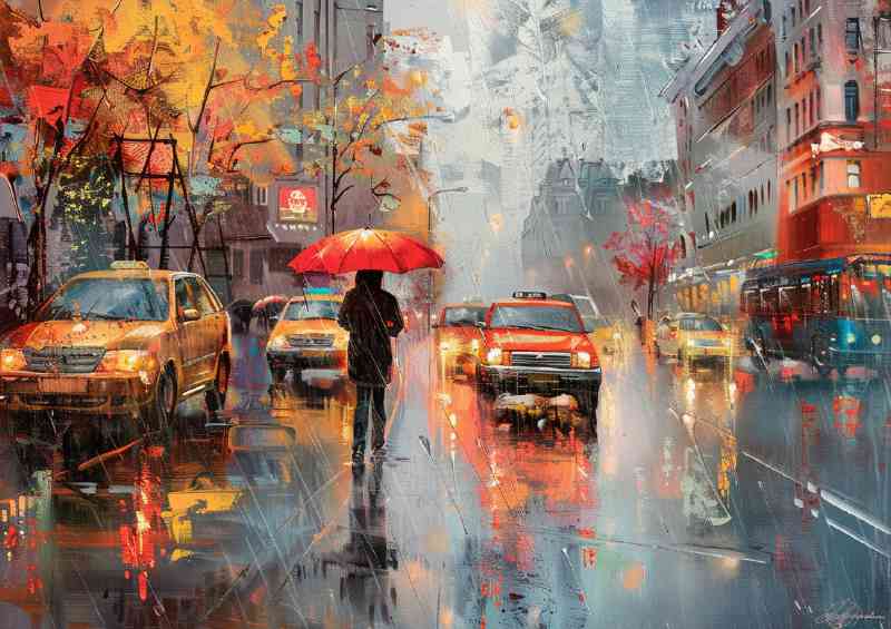 City street rainy day with cabs | Canvas