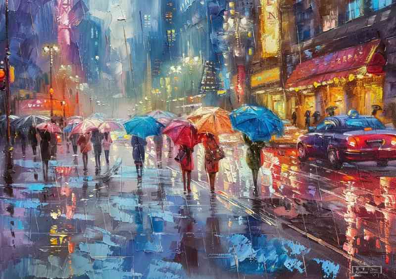 Rainy city street people with umbrellas | Poster