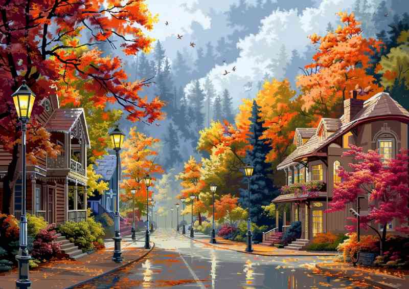 Street with lamp posts and trees | Canvas