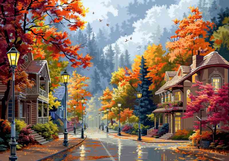 Street with lamp posts and trees | Poster