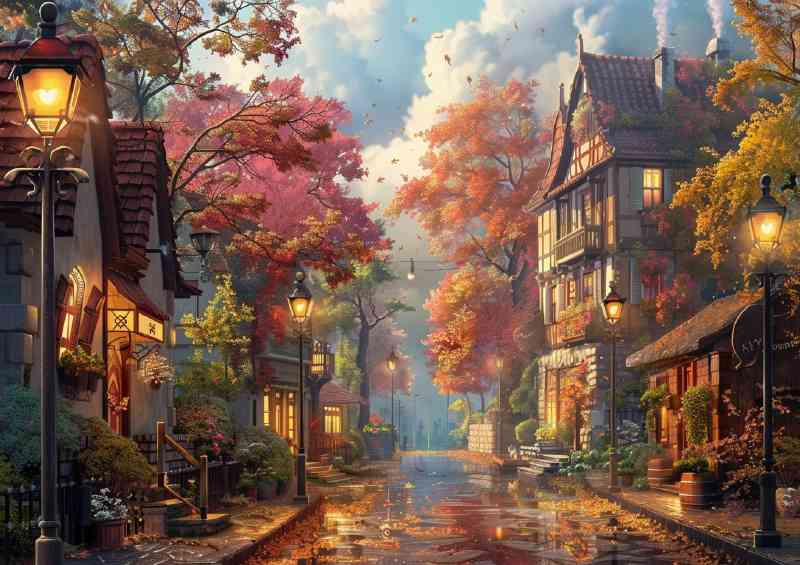 Street with lamp posts autumn trees | Canvas