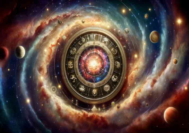 Grand celestial Clock its face intricately adorned with zodiac symbols | Poster