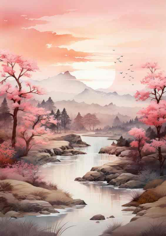 Blooming Waters Cherry Trees by Japans Streams and Lakes | Poster