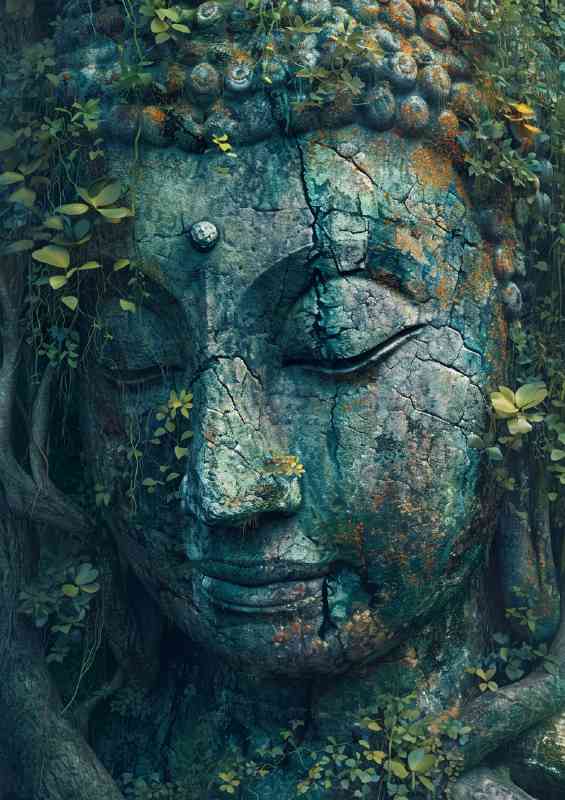 Buddha caved from stone in the forest | Metal Poster