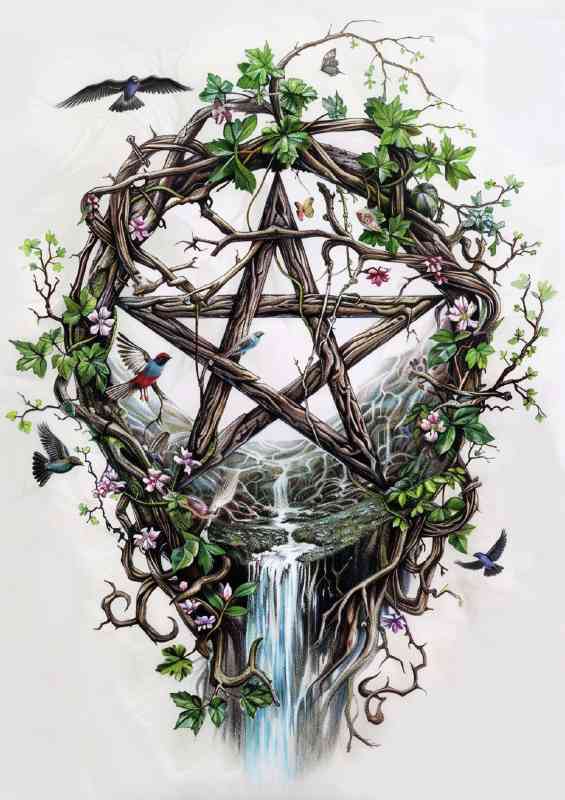 Vines waterfall pentacal with doves | Poster