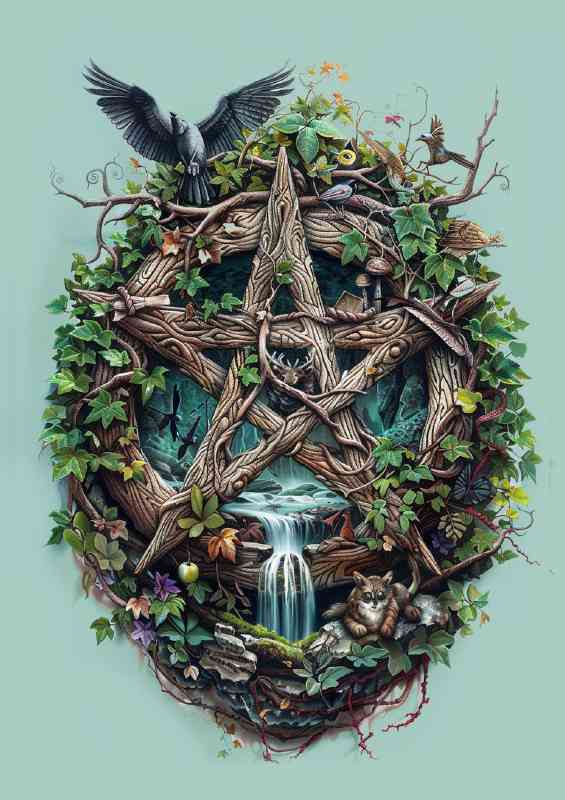 Wiccan Pentacle wood vines and doves | Poster