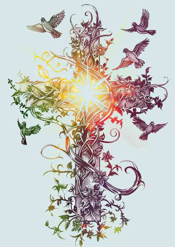 A cross made of vines and flowers with doves flying | Poster