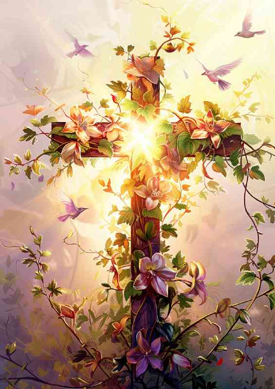 A cross made of vines and flowers with the sun shining | Poster