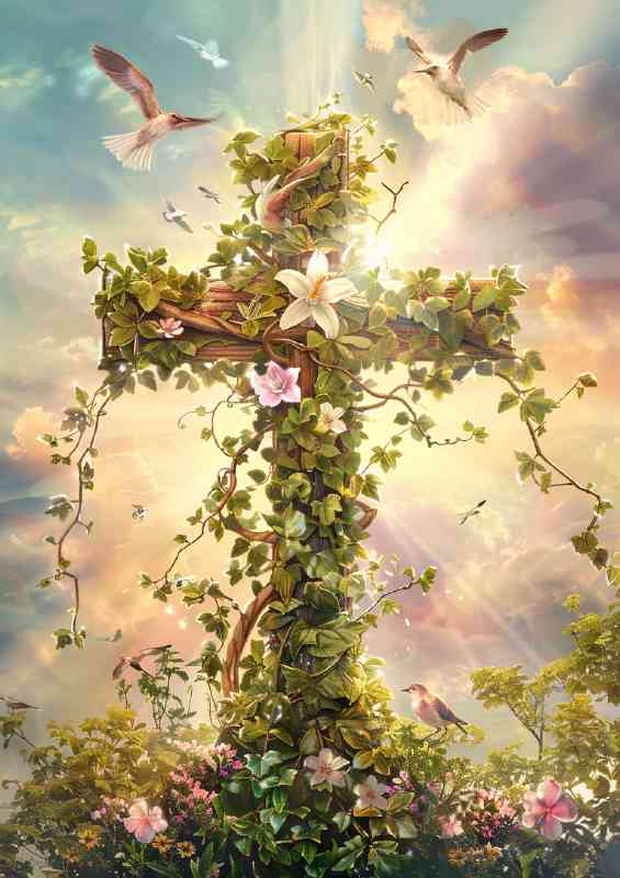 A cross made with flowers and the sun | Poster