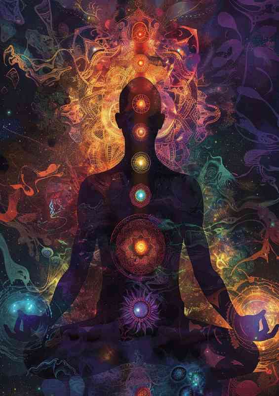 A man meditating surrounded by chakras | Metal Poster