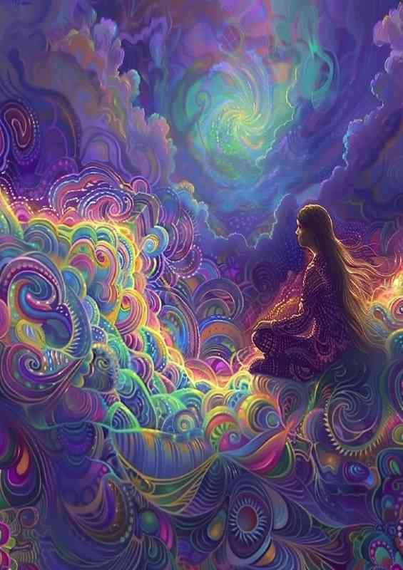 A painting of a woman with long hair sitting on the clouds | Di-Bond