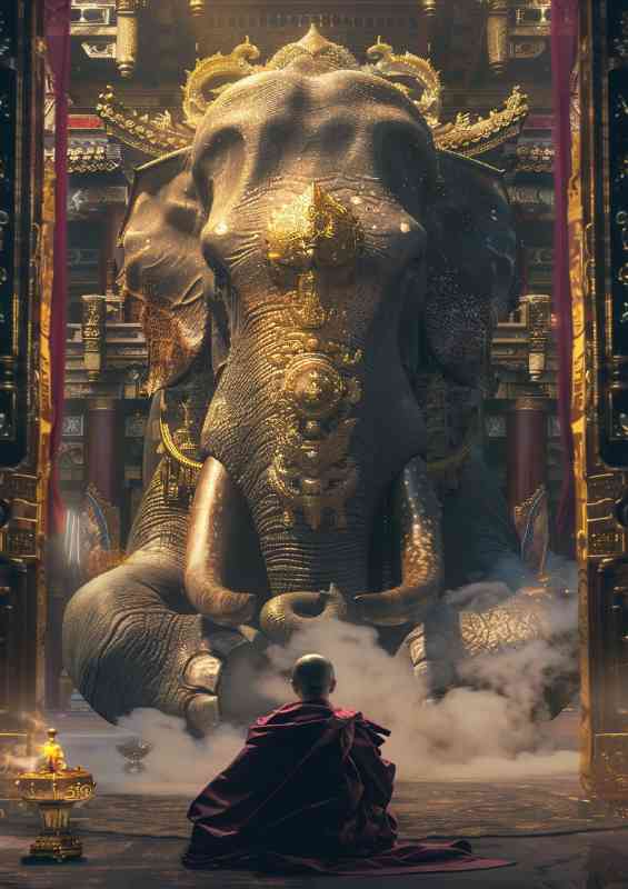Chinese monk sits in front of an elephant | Poster
