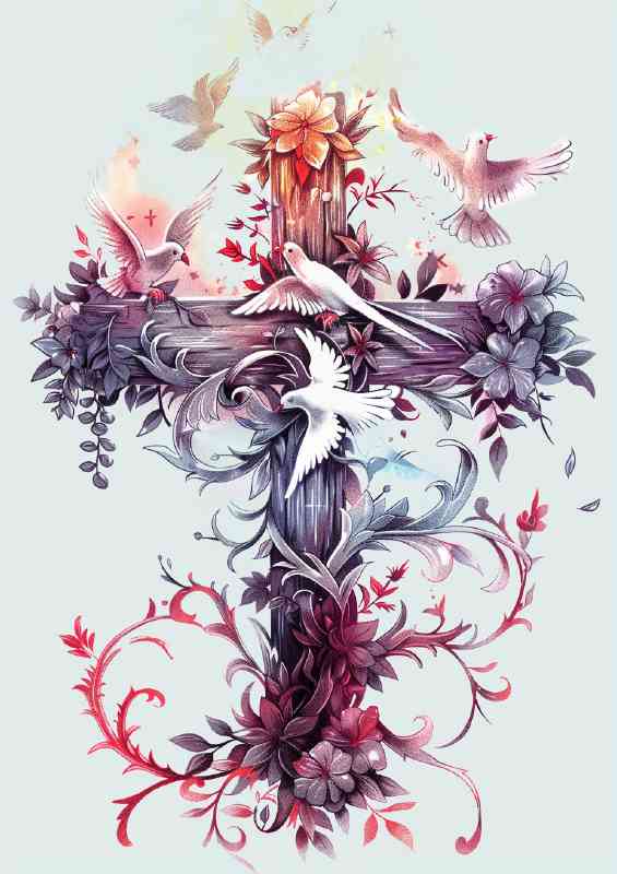 Cross made of flowers with doves flying | Poster