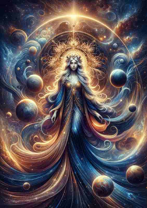 Goddess with flowing robes colored in deep blue and gold | Metal Poster
