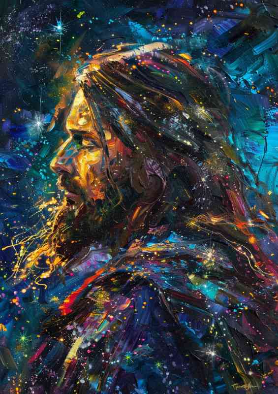 Jesus picture with his back at night with stars | Metal Poster