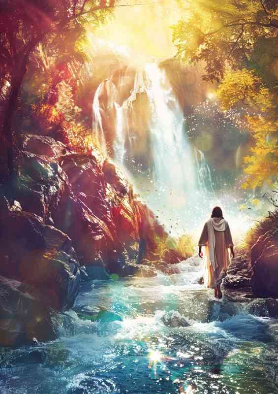 Jesus walks through the stream with a waterfall | Metal Poster