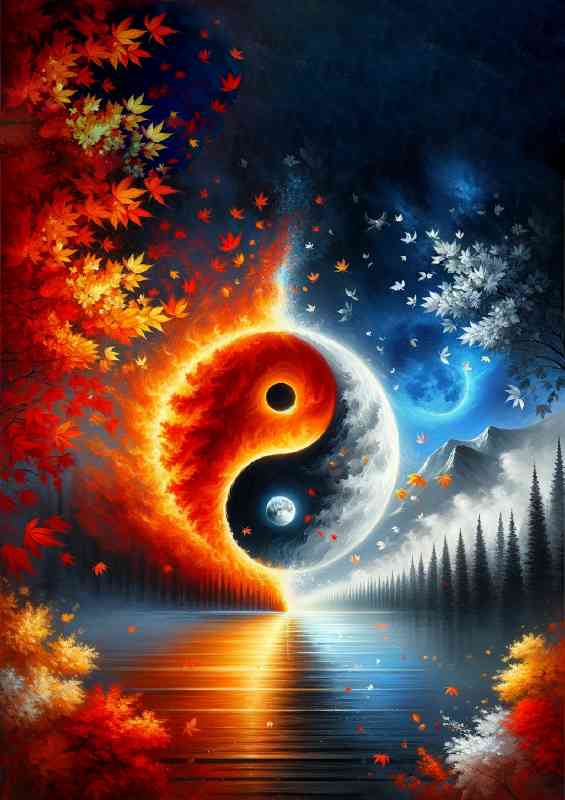 Yin and Yang symbol with a fusion of fiery autumn leaves | Poster