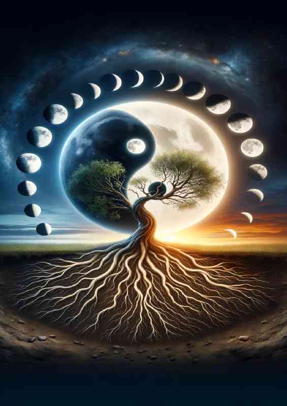 Yin and Yang symbol with the life cycle of a tree depicting its roots | Canvas