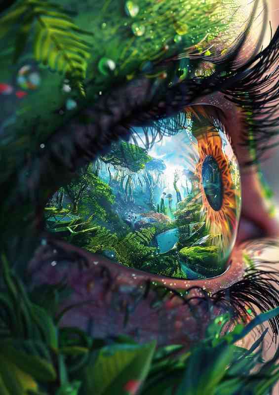 Closeup of an eye reflects the vibrant colors and jungle | Metal Poster