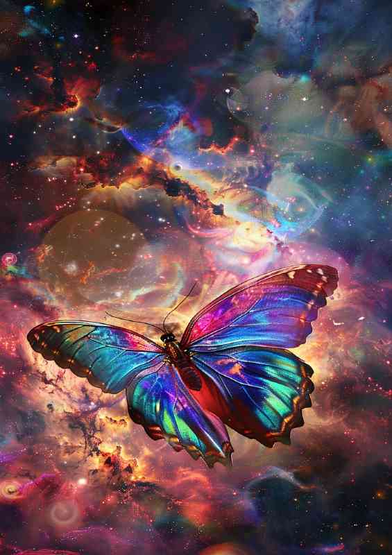 Butterfly with vibrant colors flying in the cosmos | Poster