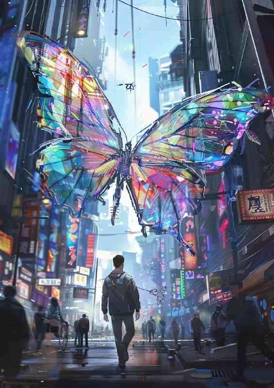 Man walks down the street with colorful butterfly | Metal Poster