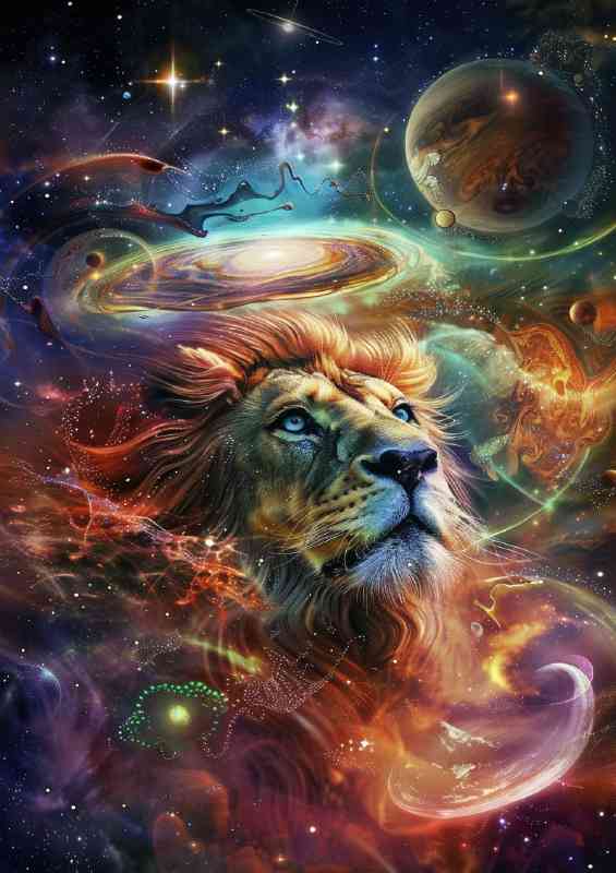 Lion in the center of space planets and swirls | Poster