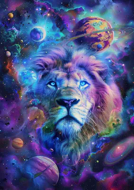 Lion with blue eyes in the center of a colorful galaxy | Canvas