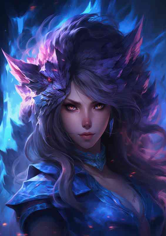 Female character wearing a blue and purple costume | Di-Bond
