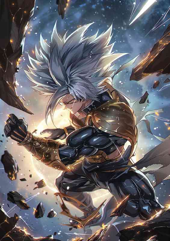 Goku in black and gold armor silver spiky hair | Metal Poster