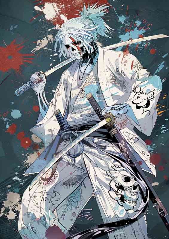 Gray blue hair wearing a white suit with Japanese | Poster