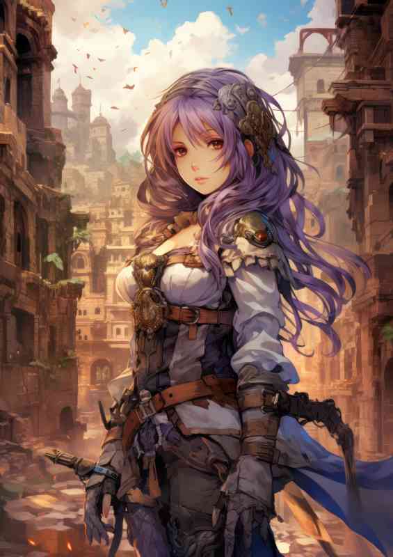 Lady with purple hair holding wepons ready | Poster