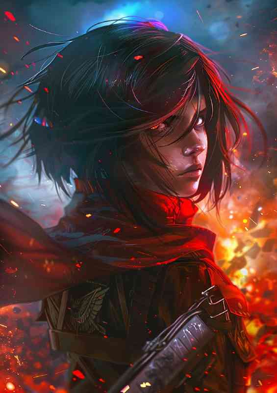 Mikasa Ackerman anime style art fire background | Poster