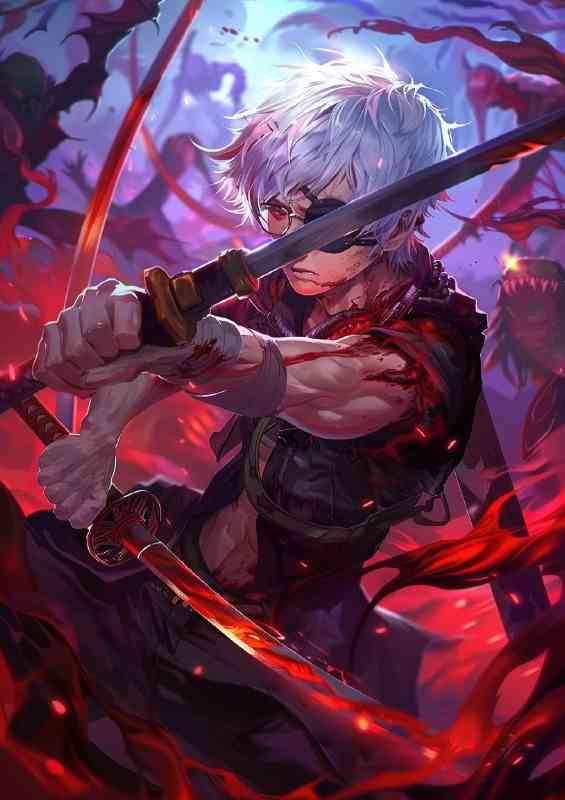 Muscular anime boy with silver hair and round glass | Poster