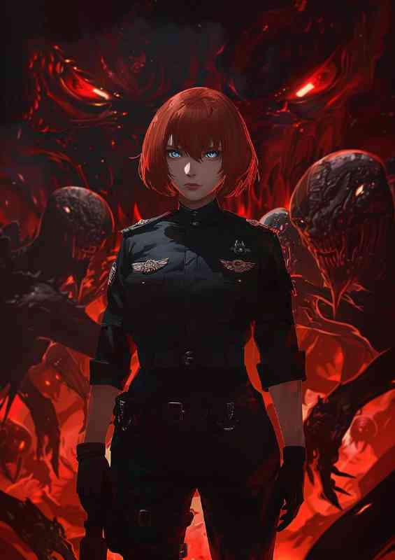 Red haired woman with short hair in a black uniform | Di-Bond