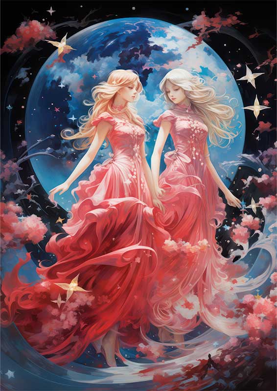 Anime girls in pink gowns playfully surrounded by stars | Canvas