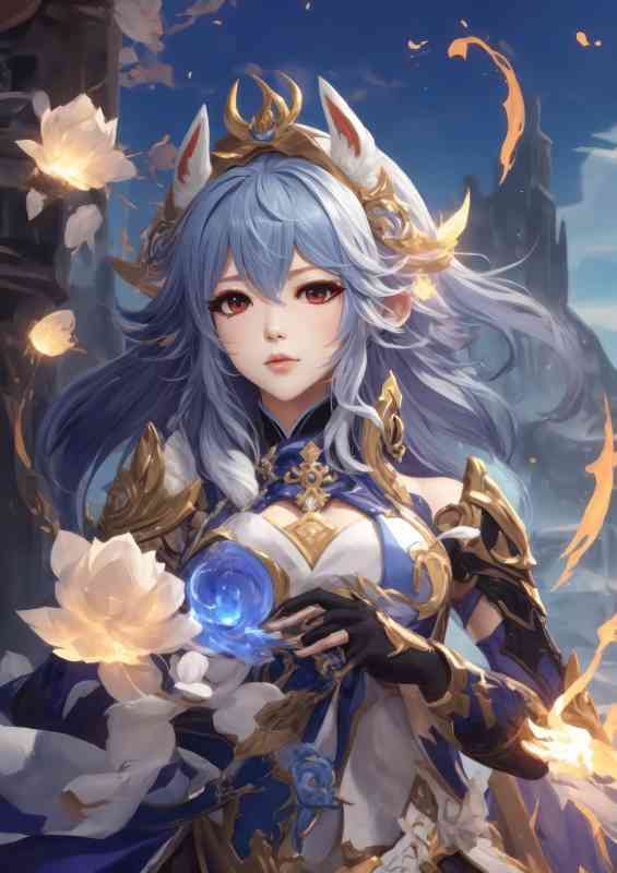 Woman holding the blue flower of life | Metal Poster