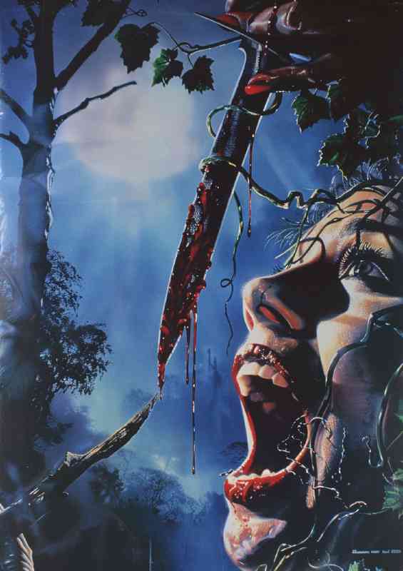 1980s horror movie poster a womans face with open blade | Metal Poster